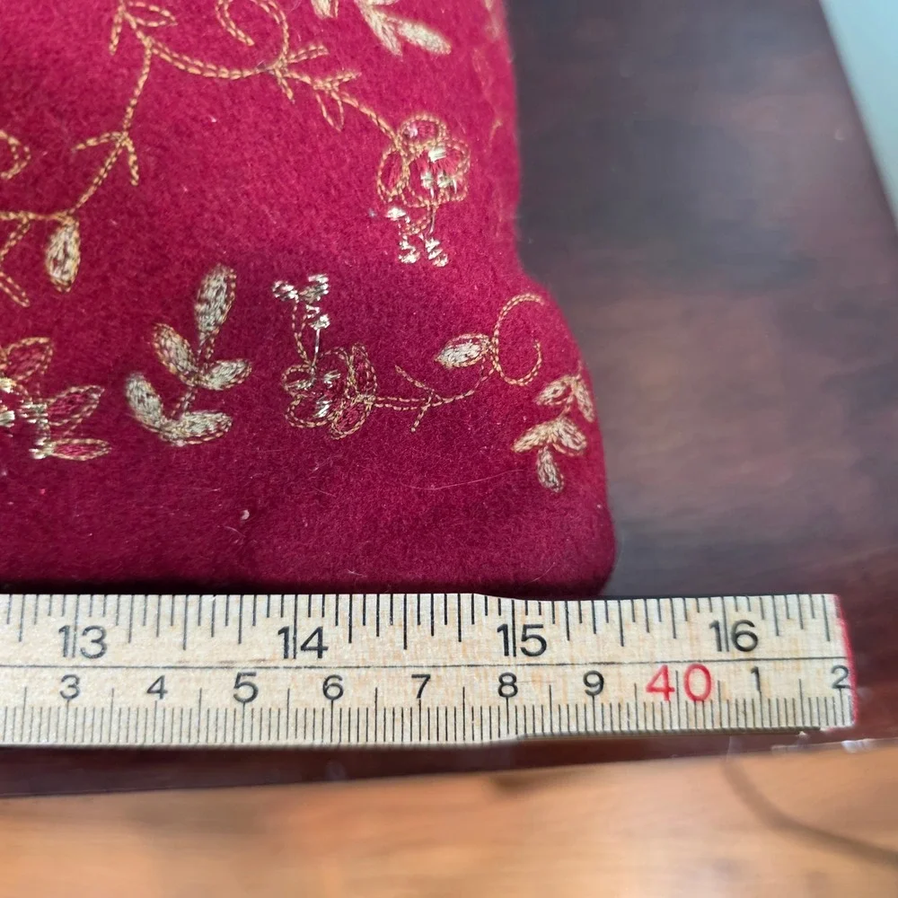 Crate & Barrel Avalon Gold‎ Embroidered Pillow Red Wool 16x16 Zip Feather Insert